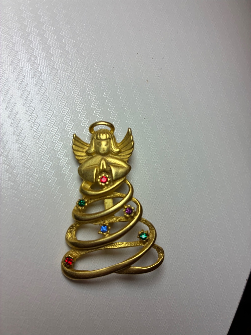 Vintage 90’s Gold Angel Christmas Tree Brooch with Colored Rhinestones